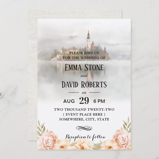 Fairy Tale Misty Lake Elegant Floral Wedding Invitation (Front/Back)