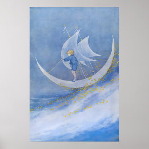 Fairy Tale Moon Print Whimsical Boy on Crescent