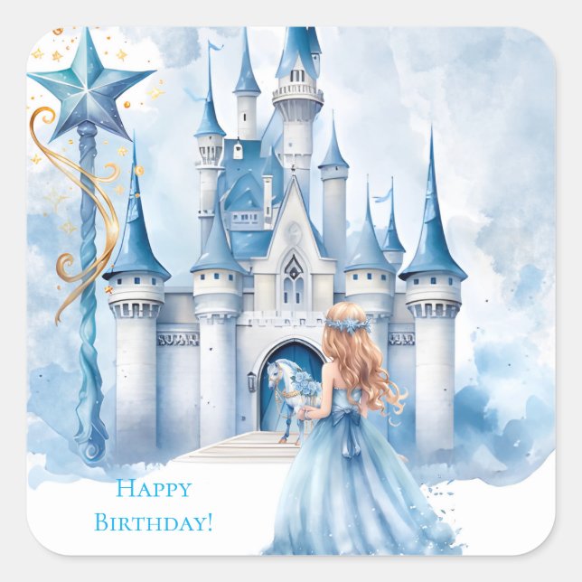 Fairy Tale Princess Castle Girl Birthday Party Square Sticker (Front)