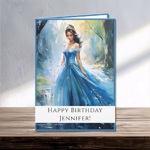 Fairy Tale Princess in Blue Happy Birthday Name Card