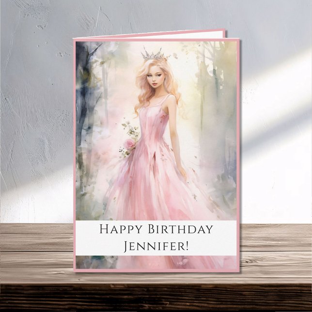 Fairy Tale Princess in Pink Happy Birthday Name Card (Creator Uploaded)
