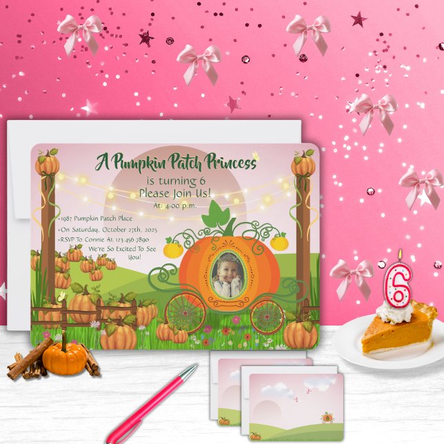 Fairy Tale Pumpkin Patch Princess Girl's Birthday  Invitation (Fall mauve sky and whimsical pumpkin patch personalized photo and text girl's birthday invitations)