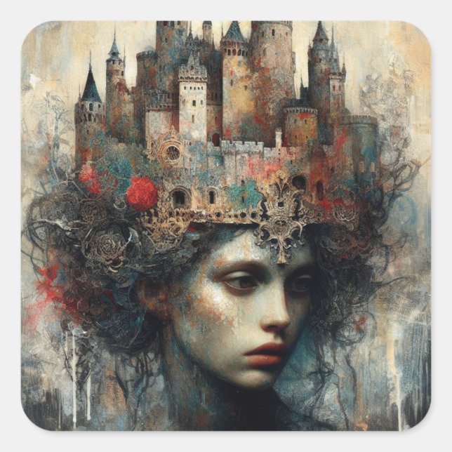 Fairy Tale Queen With Castle on Her Head Square Sticker (Front)