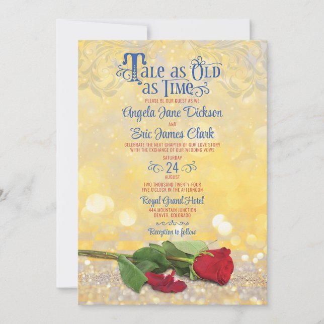 Fairy Tale Red Rose Blue Gold Wedding  Invitation (Front)