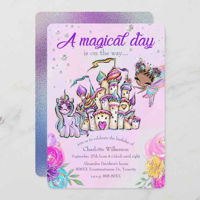 Fairy Tale Theme Castle and Rainbow Unicorn  Invitation (Front/Back)