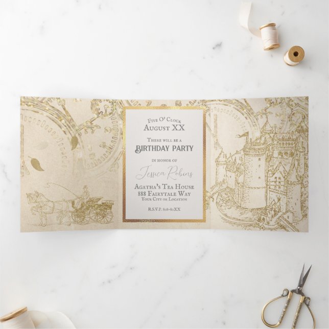 Fairy Tale Theme Castle Carriage Gold Glitter Tri-Fold Invitation (Inside)