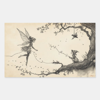 Fairy Tale–Themed Black and White Painting Images  Rectangular Sticker