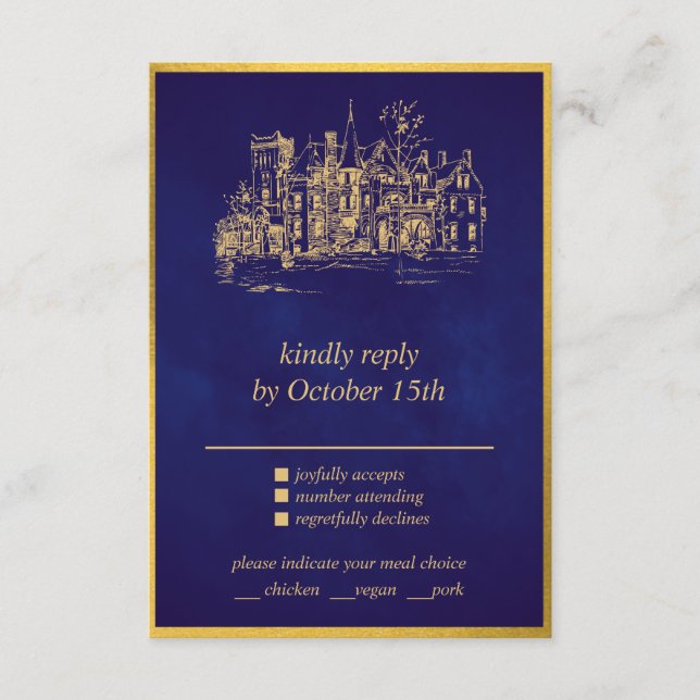 Fairy Tale Whimsical Castle Purple Gold RSVP card (Front)