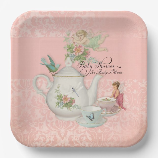 Fairy Tea Party Baby Shower Decor Personalised Paper Plate (Front)
