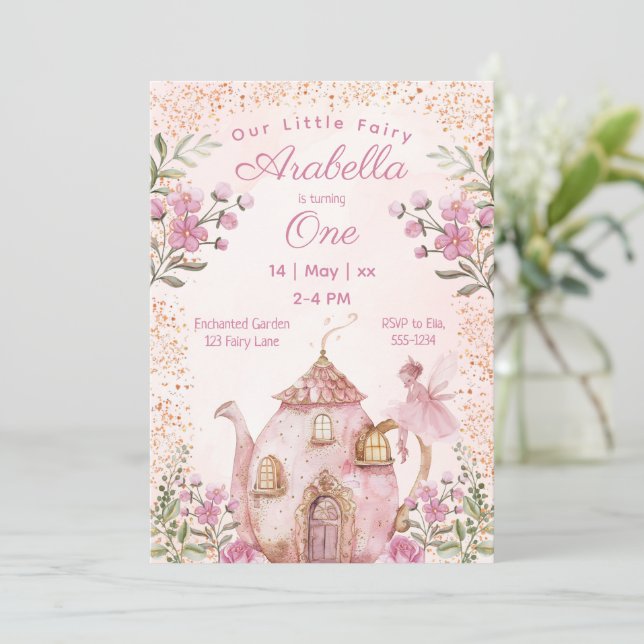 Fairy Tea Party Blush Pink Flowers Girl Birthday Invitation (Standing Front)