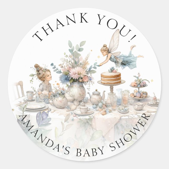 Fairy Tea Party Floral Thank You Baby Girl Shower Classic Round Sticker (Front)