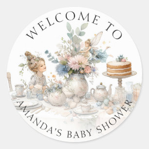 Fairy Tea Party Floral Welcome Baby Girl Shower Classic Round Sticker