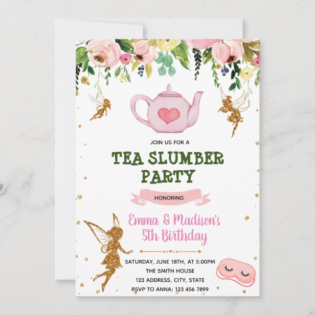 Fairy tea sleepover theme invitation (Front)