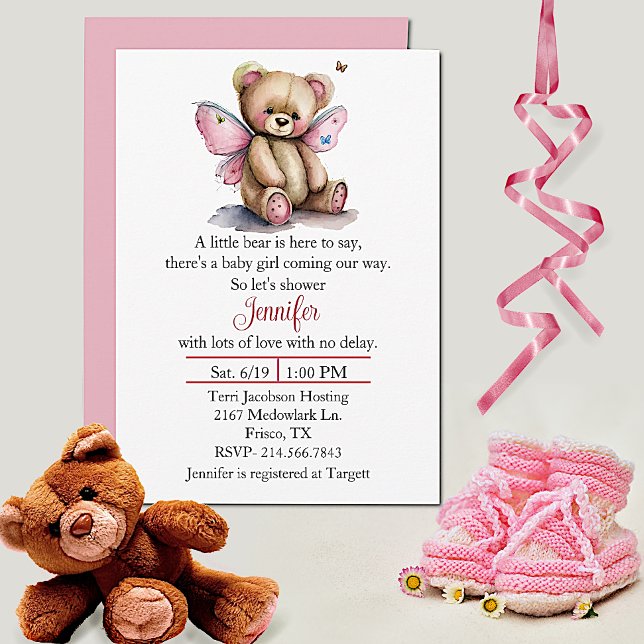 Fairy Teddy Bear Girls Baby Shower Invitation (Creator Uploaded)
