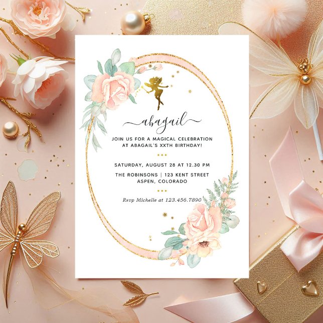 Fairy-Themed Floral Blush and Gold Birthday Party Invitation (Fairy-Themed Floral Gold Birthday Party Photo Invitation)