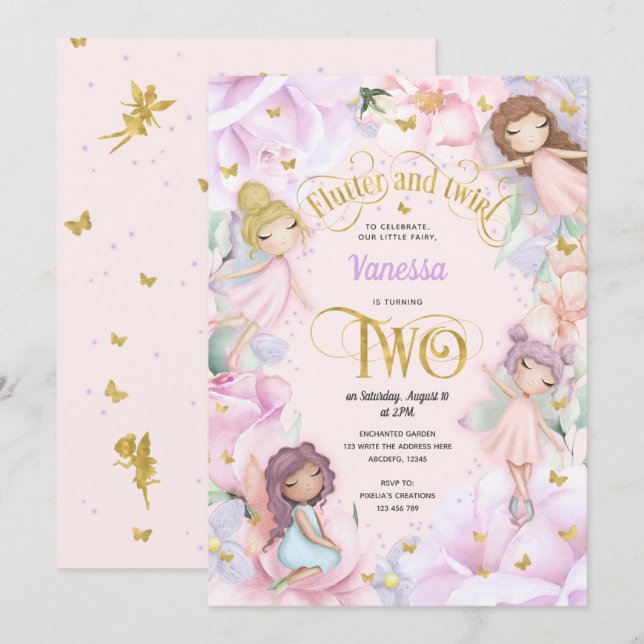 Fairy themed, Girl 2nd birthday Invitation (Front/Back)