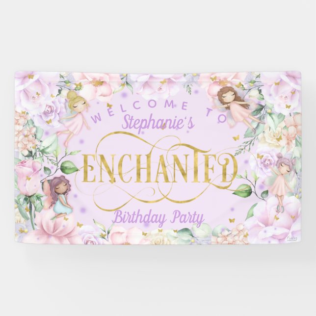 Fairy themed pink purple flowers birthday backdrop banner (Horizontal)