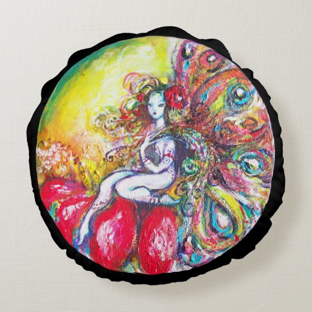 FAIRY TITANIA AND RED FLOWER Yellow Pink Sparkles Round Cushion (Back)