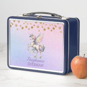 Fairy Unicorn Gold Stars Purple Pink Blue Glitter Metal Lunch Box