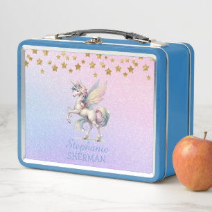 Fairy Unicorn Gold Stars Purple Pink Blue Glitter Metal Lunch Box