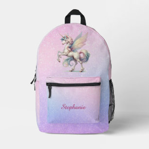 Fairy Unicorn Pastel Purple Pink Blue Glitter Printed Backpack