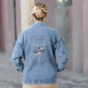 Fairy Vibes Dragonfly Woman White Purple Aqua Denim Jacket