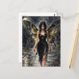 Fairy walking on a rainy night postcard