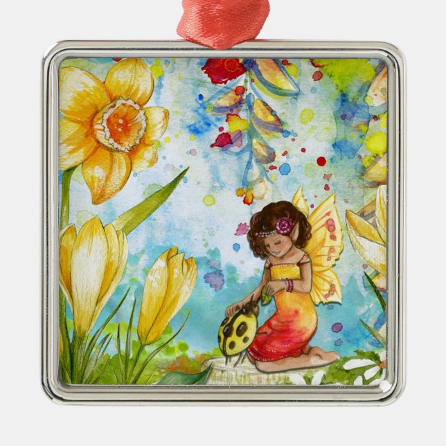 Fairy watercolour illustration whimsical metal tree decoration (Front)