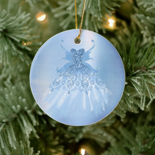 Fairy Wing Ice Gown | Frost Blue Iridescent Sheen Ceramic Tree Decoration (Tree)