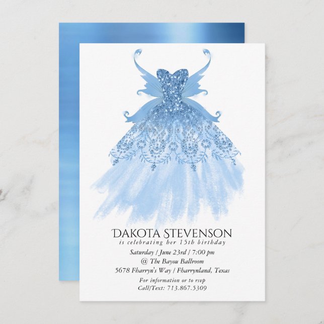 Fairy Wing Ice Gown | Frost Blue Iridescent Sheen Invitation (Front/Back)