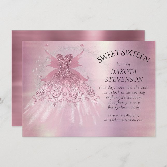 Fairy Wing Mauve Gown | Luxurious Dusty Pink Sheen Invitation (Front/Back)