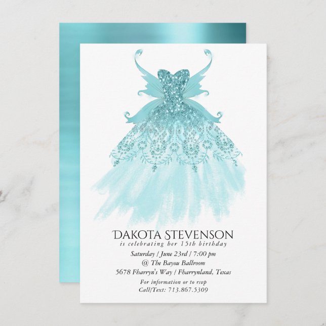 Fairy Wing Mint Gown | Luxe Pearl Green Aqua Sheen Invitation (Front/Back)