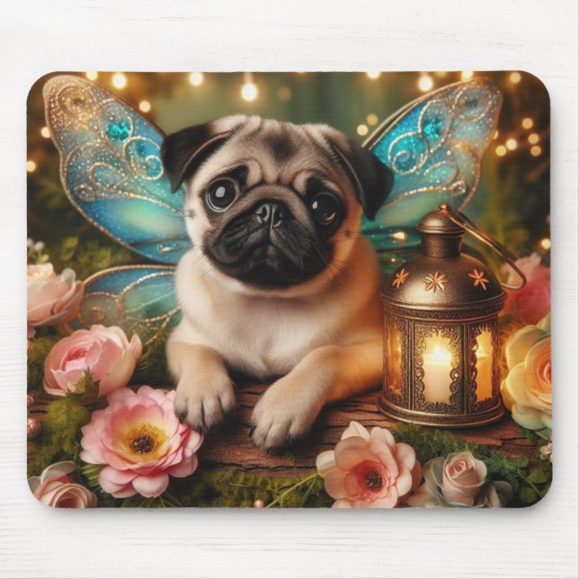 Fairy Wing Pug Puppy with Flowers Mouse Pad (Front)
