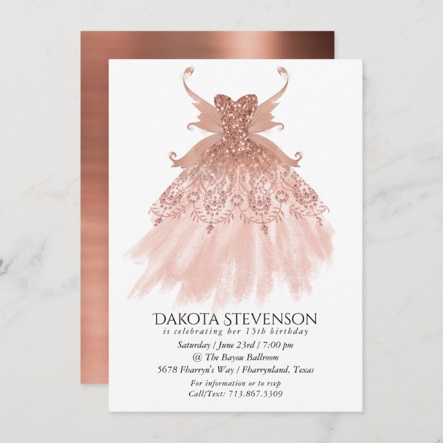 Fairy Wing Rose Gold Gown | Terracotta Coral Sheen Invitation (Front/Back)