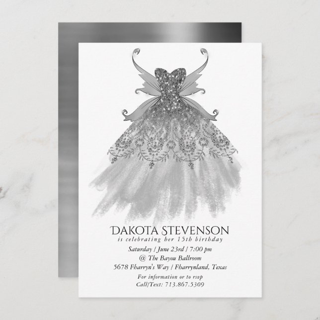Fairy Wing Silver Gown | Platinum Foil Faux Sheen Invitation (Front/Back)
