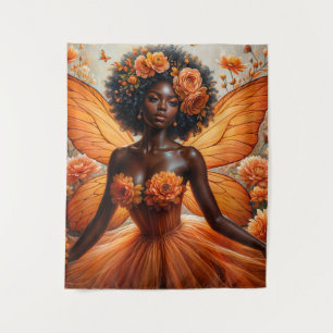 Fairy With Dark Skin In Orange Floral Tapestry
