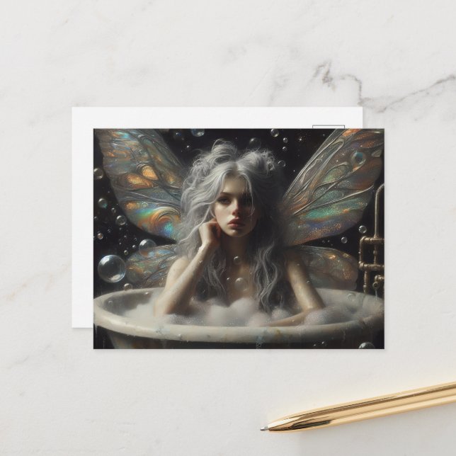 Fairy Woman Grey Hair in the Bubblebath Postcard (Front/Back In Situ)