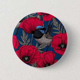 Fairy wren and poppies 6 cm round badge
