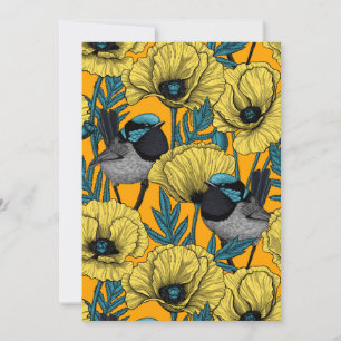 Fairy wren and poppies in yellow