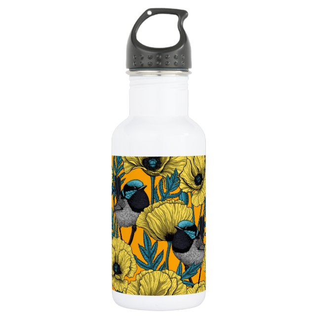 Fairy wren and poppies in yellow 532 ml water bottle (Front)