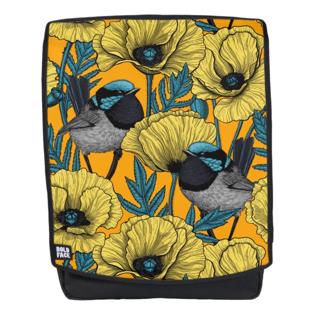 Fairy wren and poppies in yellow backpack (Front)