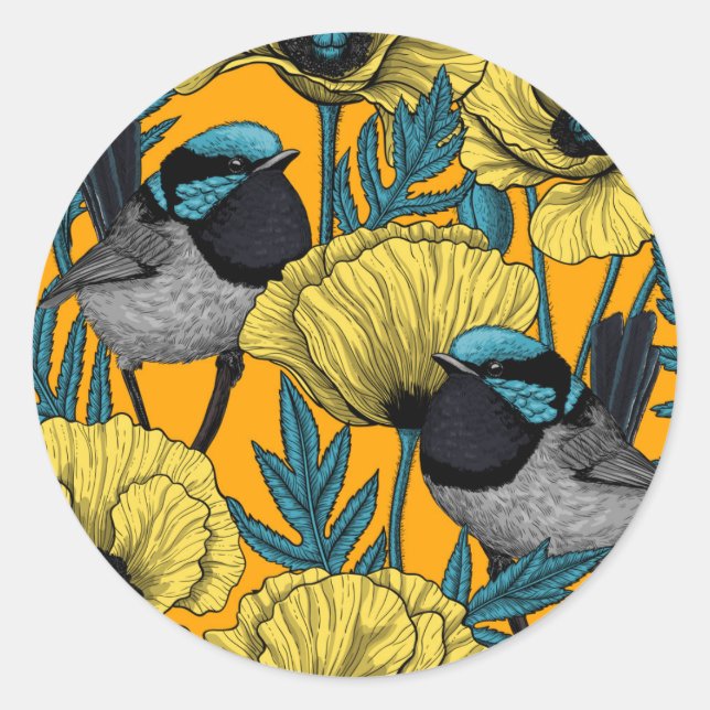 Fairy wren and poppies in yellow classic round sticker (Front)