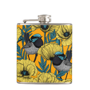 Fairy wren and poppies in yellow hip flask