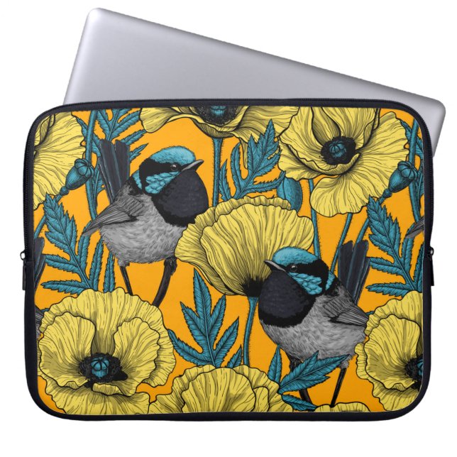 Fairy wren and poppies in yellow laptop sleeve (Front)