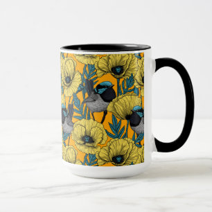 Fairy wren and poppies in yellow mug