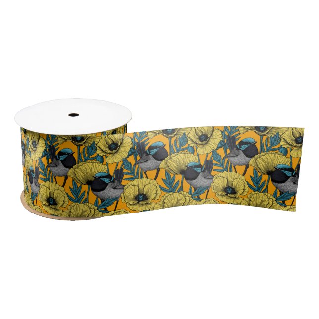Fairy wren and poppies in yellow satin ribbon (Spool)