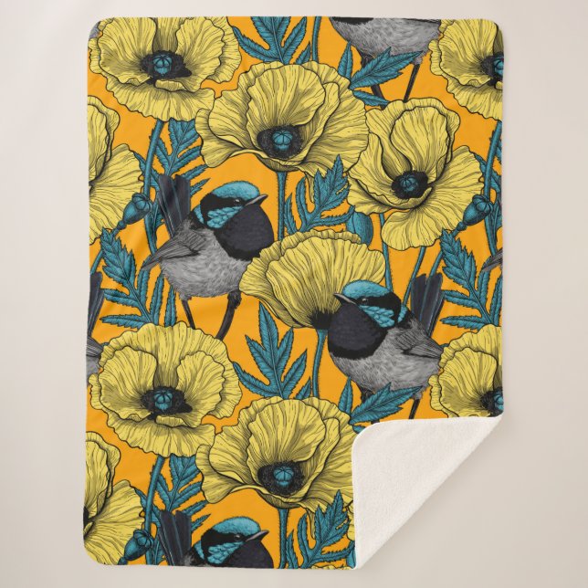 Fairy wren and poppies in yellow sherpa blanket (Front)