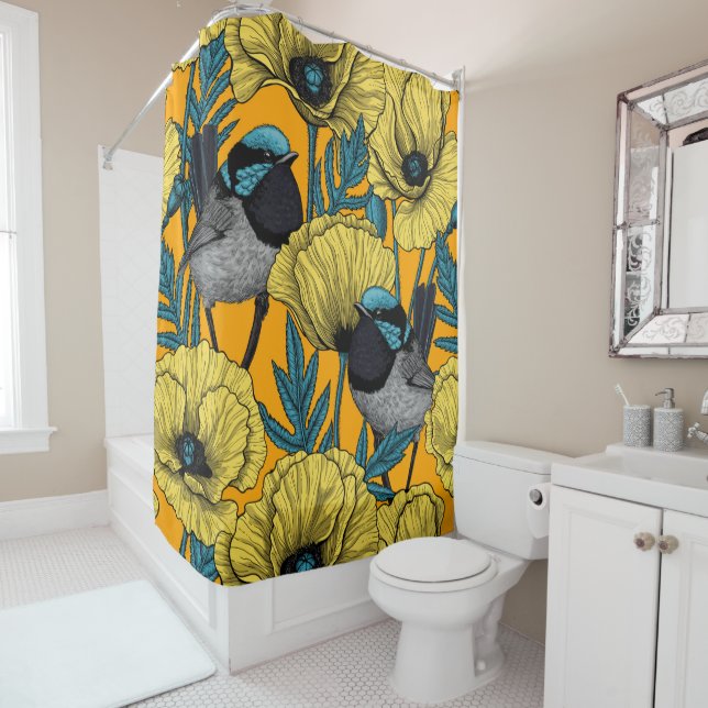 Fairy wren and poppies in yellow shower curtain (In Situ)