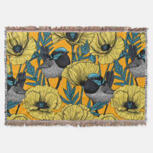 Fairy wren and poppies in yellow throw blanket