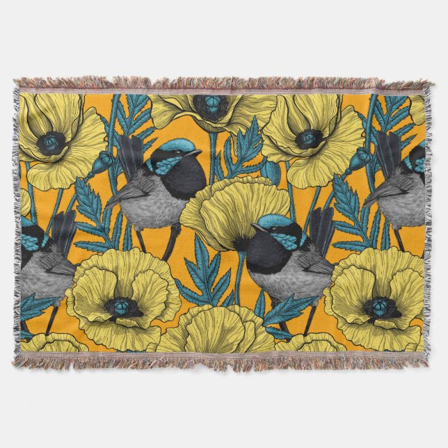 Fairy wren and poppies in yellow throw blanket (Front)